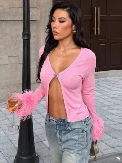 Gilet court à poignets en fourrure rose pour femme - Haut côtelé à manches longues et col en V style années 2000 - Boléro sexy pour soirées en club 2026