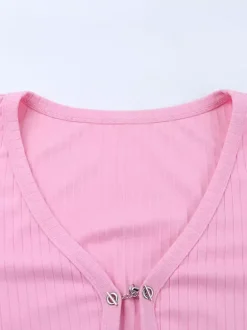 Gilet court à poignets en fourrure rose pour femme - Haut côtelé à manches longues et col en V style années 2000 - Boléro sexy pour soirées en club 2026