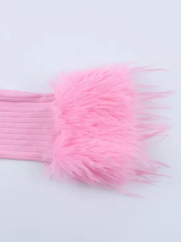 Gilet court à poignets en fourrure rose pour femme - Haut côtelé à manches longues et col en V style années 2000 - Boléro sexy pour soirées en club 2026