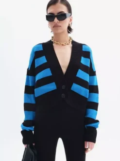 Gilet court rayé à col en V pull boutonné en maille pour femme 2026