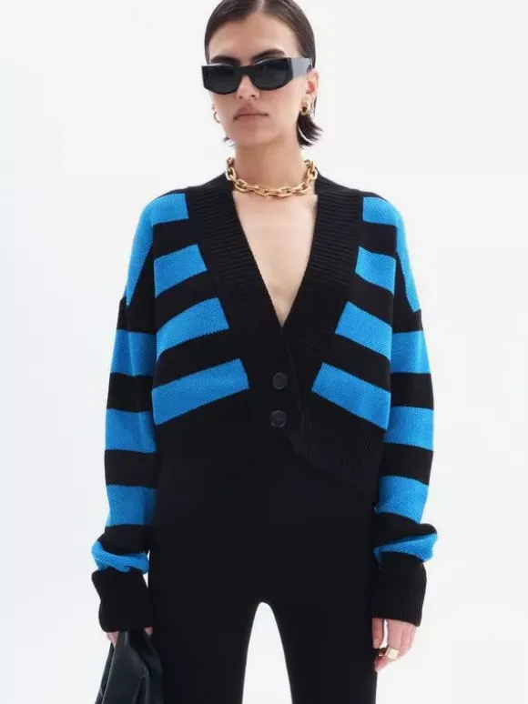 Gilet court rayé à col en V pull boutonné en maille pour femme 2026