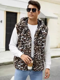 Gilet En Fausse Fourrure Léopard Hiver Chaud Hommes Sans Manches Col Rabattu Capuche