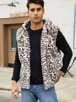Gilet En Fausse Fourrure Léopard Hiver Chaud Hommes Sans Manches Col Rabattu Capuche
