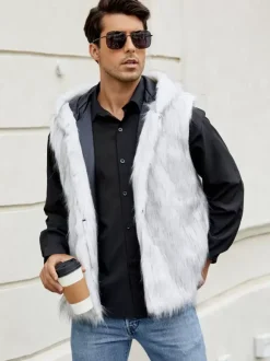 Gilet En Fausse Fourrure Noir Hiver Chaud Hommes Sans Manches Col Rabattu Capuche