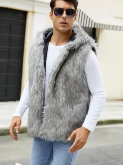 Gilet En Fausse Fourrure Noir Hiver Chaud Hommes Sans Manches Col Rabattu Capuche