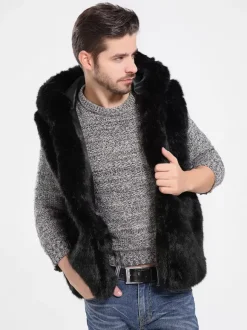 Gilet En Fausse Fourrure Noir Hiver Chaud Hommes Sans Manches Col Rabattu Capuche