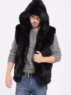 Gilet En Fausse Fourrure Noir Hiver Chaud Hommes Sans Manches Col Rabattu Capuche