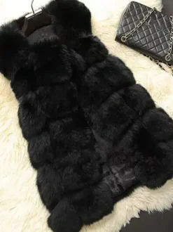 Gilet en fausse fourrure veste mi-longue d'hiver écologique sans manches pour femme 2026