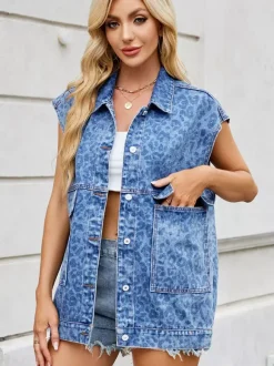 Gilet en jean imprimé léopard pour femme - Veste en jean oversize sans manches à motif animal - Collection printemps-été 2026