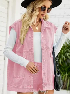 Gilet en jean oversize pour femme - Veste longue vintage sans manches en jean délavé - Collection streetwear printemps-été 2026