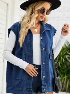 Gilet en jean oversize pour femme - Veste longue vintage sans manches en jean délavé - Collection streetwear printemps-été 2026
