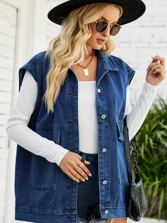 Gilet en jean oversize pour femme - Veste longue vintage sans manches en jean délavé - Collection streetwear printemps-été 2026