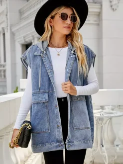 Gilet en jean oversize pour femme - Veste longue vintage sans manches en jean délavé - Collection streetwear printemps-été 2026