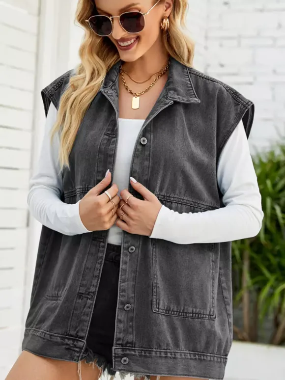 Gilet en jean oversize pour femme - Veste longue vintage sans manches en jean délavé - Collection streetwear printemps-été 2026