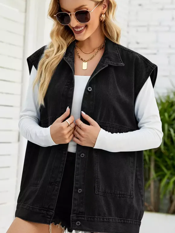 Gilet en jean oversize pour femme - Veste longue vintage sans manches en jean délavé - Collection streetwear printemps-été 2026