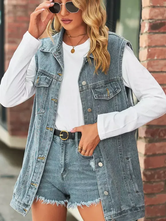 Gilet en jean oversize pour femme - Veste longue sans manches en jean délavé style vintage - Collection streetwear chic printemps-été 2026