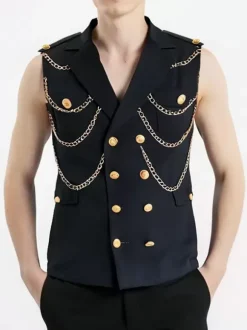 Gilet Pour Hommes Veste Hip Hop Noir À Chaîne Double Boutonnage Poche Élégant