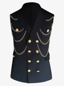 Gilet Pour Hommes Veste Hip Hop Noir À Chaîne Double Boutonnage Poche Élégant