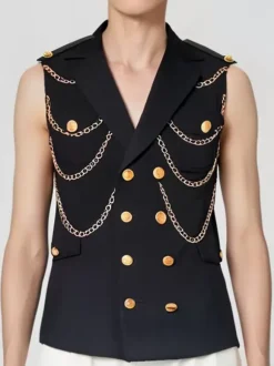 Gilet Pour Hommes Veste Hip Hop Noir À Chaîne Double Boutonnage Poche Élégant