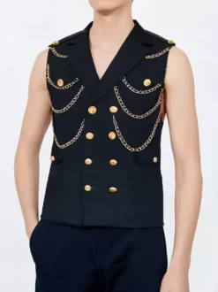 Gilet Pour Hommes Veste Hip Hop Noir À Chaîne Double Boutonnage Poche Élégant