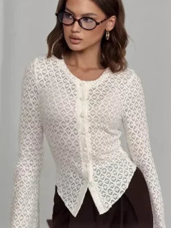 Gilet cardigan ajusté en maille ajourée avec manches évasées pour femme 2026