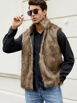Gilet En Fausse Fourrure Noir Hiver Chaud Hommes Sans Manches