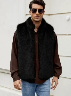 Gilet En Fausse Fourrure Noir Hiver Chaud Hommes Sans Manches