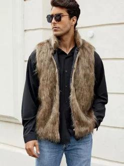 Gilet En Fausse Fourrure Noir Hiver Chaud Hommes Sans Manches