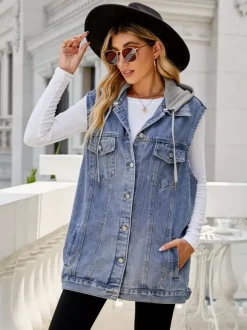 Gilet en jean à capuche pour femme - Veste longue oversize sans manches en jean délavé - Collection printemps-été streetwear 2026