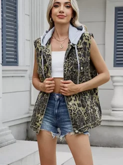 Gilet en jean à capuche pour femme - Veste longue oversize sans manches en jean délavé - Collection printemps-été streetwear 2026