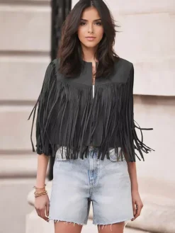 Gilet à franges Western Cowgirl col ras du cou veste bohème printemps daim pour femme 2026