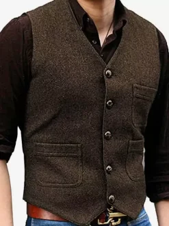 Gilets habillés pour hommes Mariage Confortable Col en V Boutons Café Marron