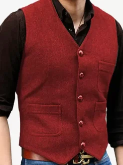 Gilets habillés pour hommes Mariage Confortable Col en V Boutons Café Marron