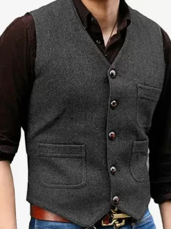Gilets habillés pour hommes Mariage Confortable Col en V Boutons Café Marron