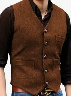 Gilets habillés pour hommes Mariage Confortable Col en V Boutons Café Marron