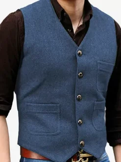 Gilets habillés pour hommes Mariage Confortable Col en V Boutons Café Marron