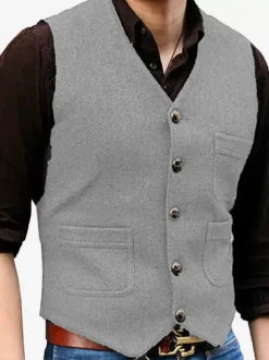 Gilets habillés pour hommes Mariage Confortable Col en V Boutons Café Marron