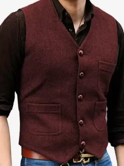 Gilets habillés pour hommes Mariage Confortable Col en V Boutons Café Marron