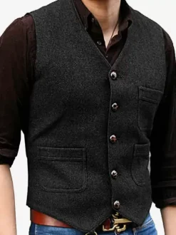 Gilets habillés pour hommes Mariage Confortable Col en V Boutons Café Marron