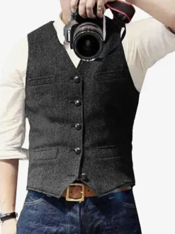 Gilets Habillés Pour Hommes Business Classique Col En V Boutons Chic Noir