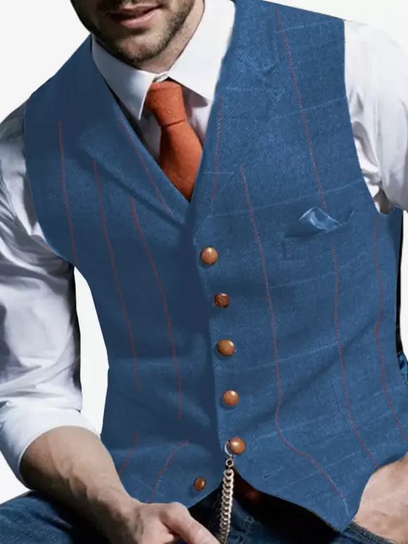 Gilets Habillés Vintage Hommes Business Chic Col Rabattu Boutons Bleu