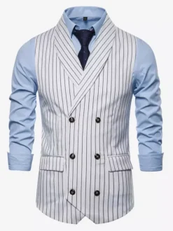 Gilets Habillés Hommes Business Confortable Col Rabattu Bouton Gris Foncé Rayure