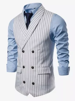 Gilets Habillés Hommes Business Confortable Col Rabattu Bouton Gris Foncé Rayure