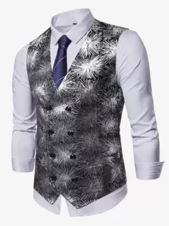 Gilets Habillés Hommes Mariage Confortable Col En V Boutons Argent Imprimé