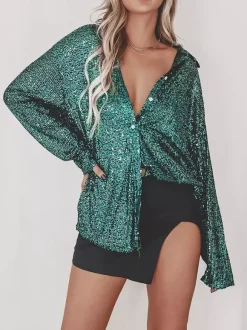 Gilets tendance pour les soirées col rabattu sequins manches longues en polyester