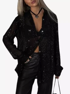 Gilets tendance pour les soirées col rabattu sequins manches longues en polyester