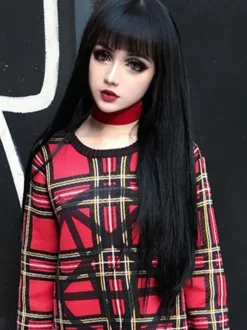Gothic Lolita Wigs Perruques de cheveux Lolita longs ébouriffés noirs avec une frange Déguisements Halloween