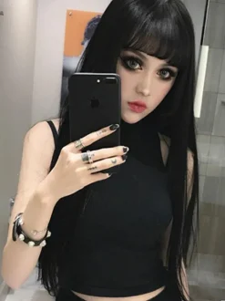 Gothic Lolita Wigs Perruques de cheveux Lolita longs ébouriffés noirs avec une frange Déguisements Halloween
