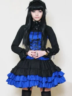 Gothic Lolita Robe OP Royal col Turndown bleu manches longues Lolita One Piece robe avec ceinture Déguisements