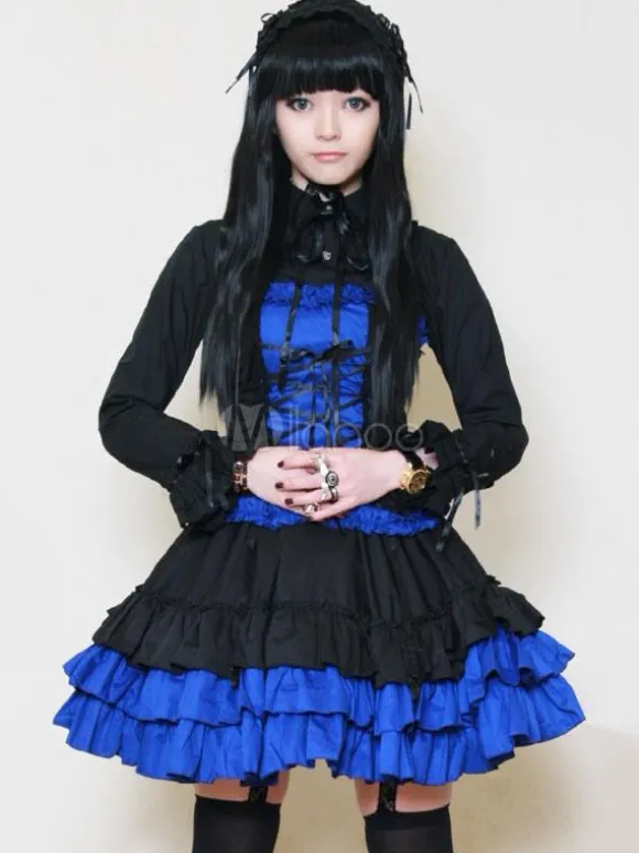 Gothic Lolita Robe OP Royal col Turndown bleu manches longues Lolita One Piece robe avec ceinture Déguisements
